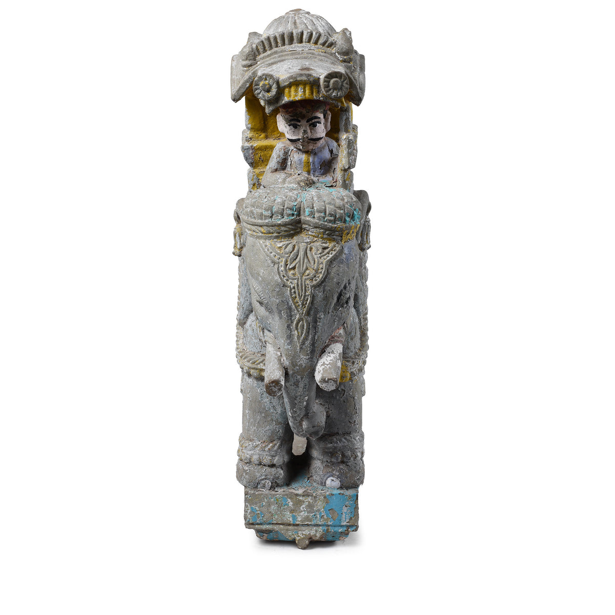 Option 2 Face on View Of Antique Indian Painted Stone Elephant With Mahout And Royal Box Carving