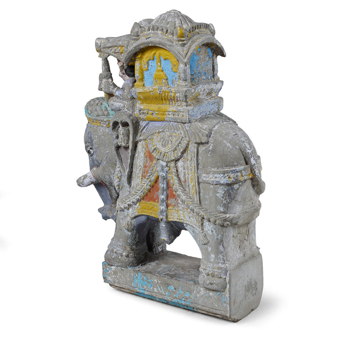Option 2 Rear View Of Antique Indian Painted Stone Elephant With Mahout And Royal Box Carving