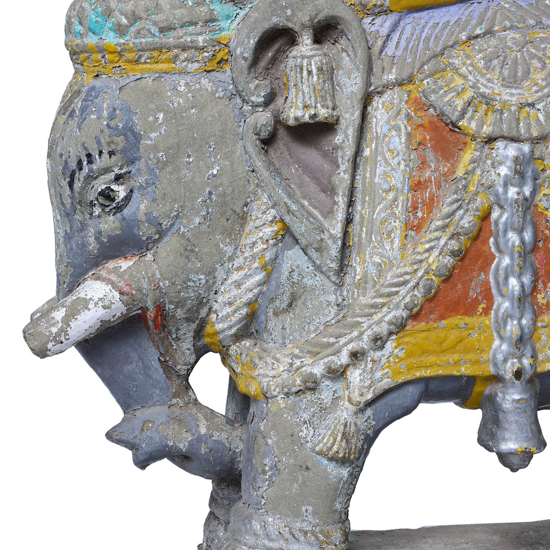 Option 2 Elephant Face Detal From Antique Indian Painted Stone Elephant With Mahout And Royal Box Carving