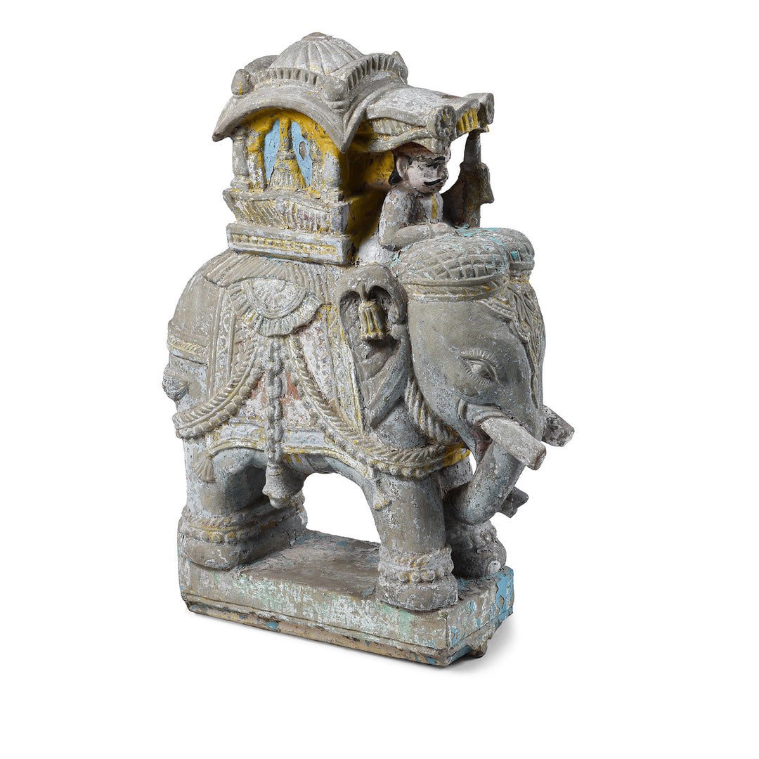 Option 2 Antique Indian Painted Stone Elephant With Mahout And Royal Box Carving