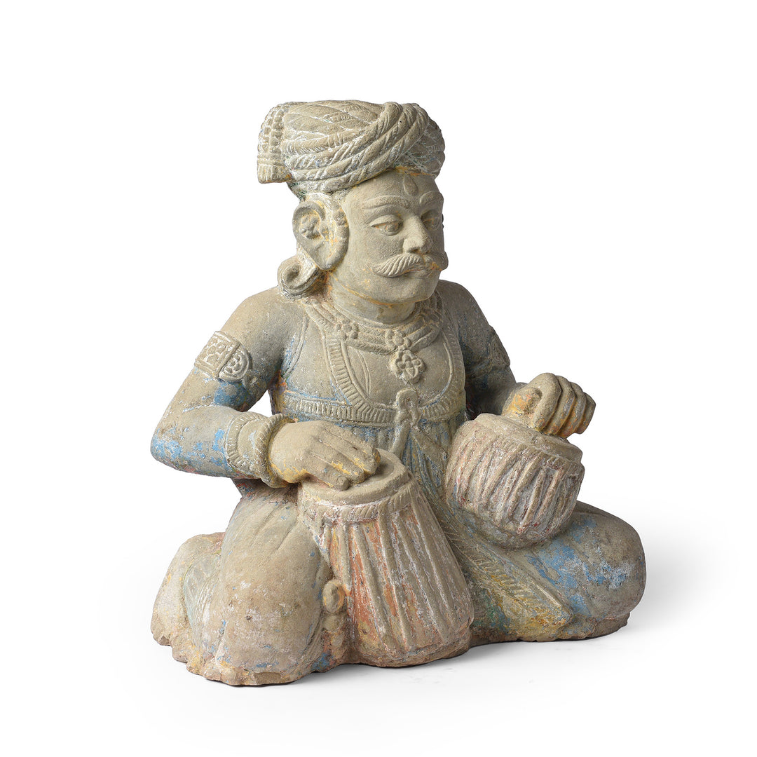 Angled VIew Of Antique Indian Stone Tabla Musician From Kutch On Stand  | Indigo Antiques