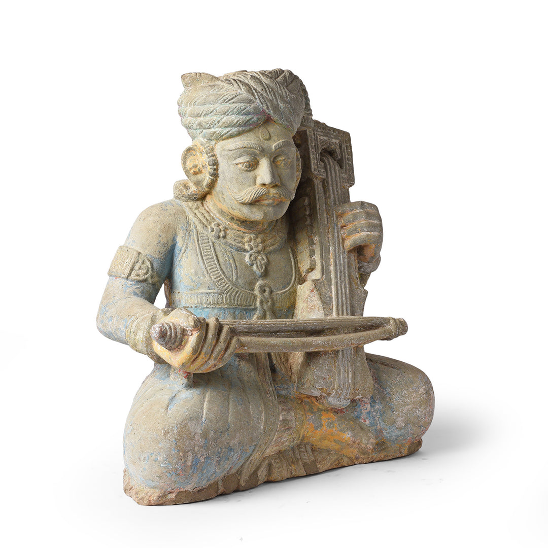 Angled View Of Antique Indian Stone Sarangi Musician From Kutch | Indigo Antiques