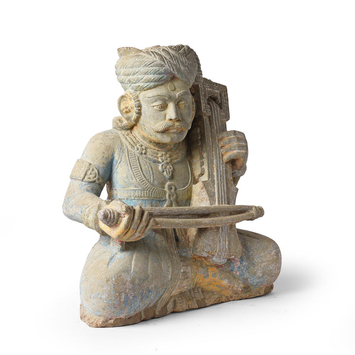 Angled View Of Antique Indian Stone Sarangi Musician From Kutch | Indigo Antiques