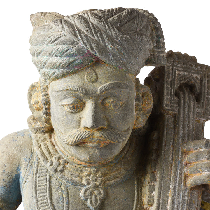 Face Detail From Antique Indian Stone Sarangi Musician From Kutch | Indigo Antiques