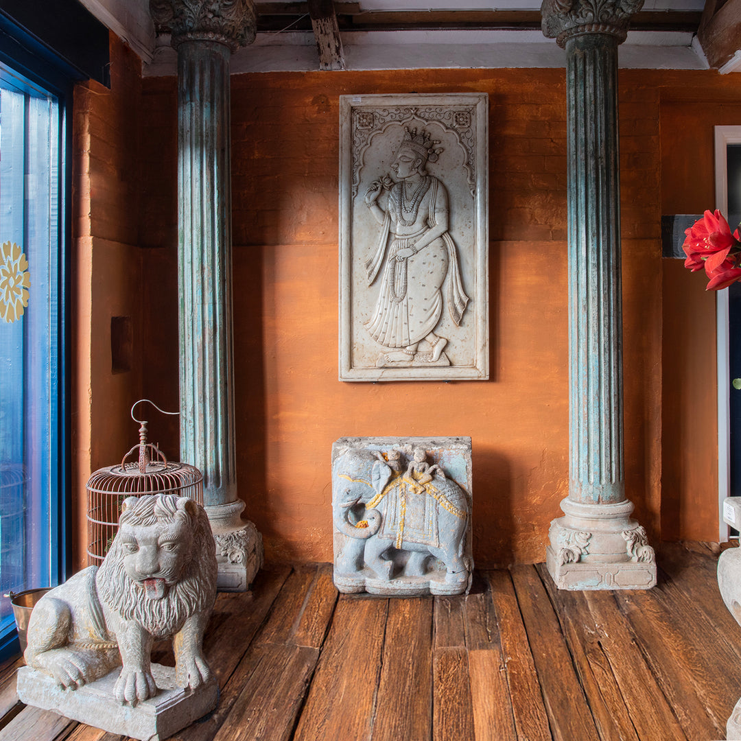 Carved Indian Marble Panel Of A Maharaja in a room setting | Indigo Antiques