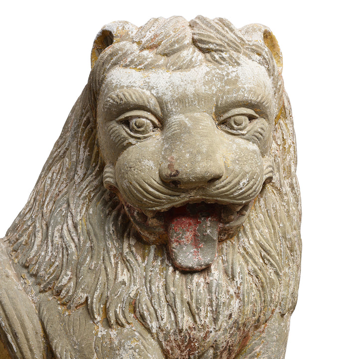 Face Detail From Right Hand Facing Antique Stone Lions From Kutch | Indigo Antiques