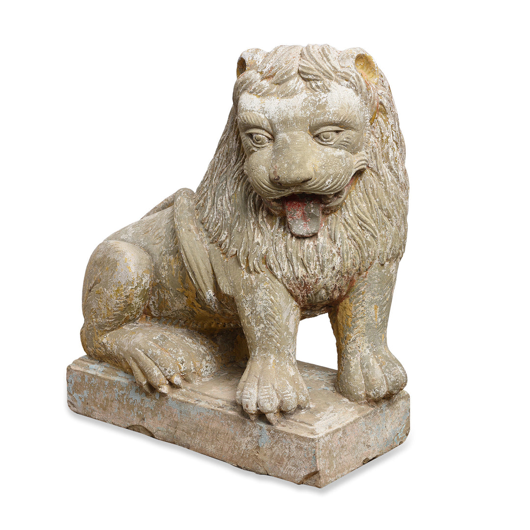 Angled VIew Of Right Hand Facing Antique Stone Lions From Kutch | Indigo Antiques