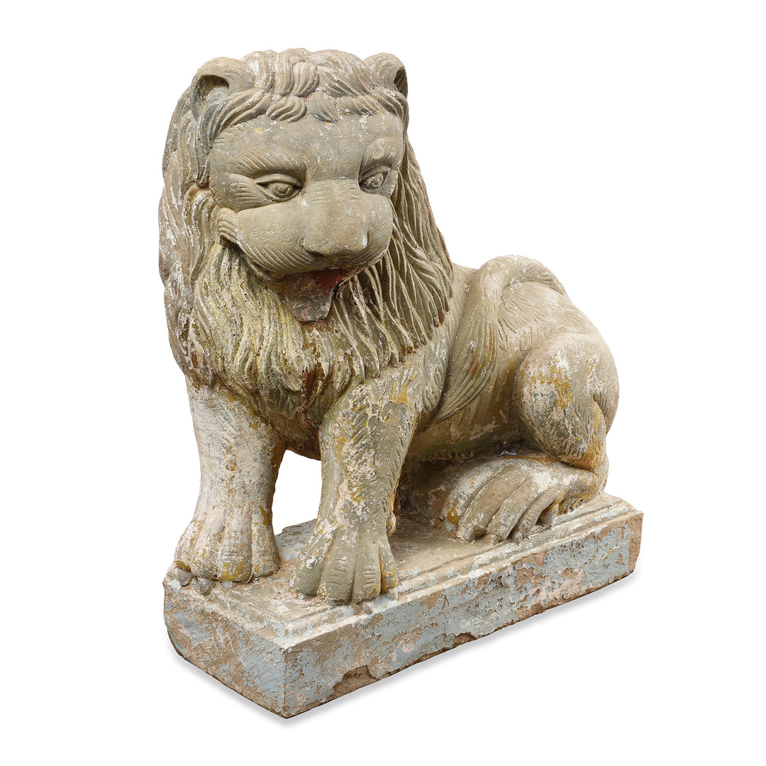 Angled VIew Of Left Hand Facing Antique Stone Lions From Kutch | Indigo Antiques