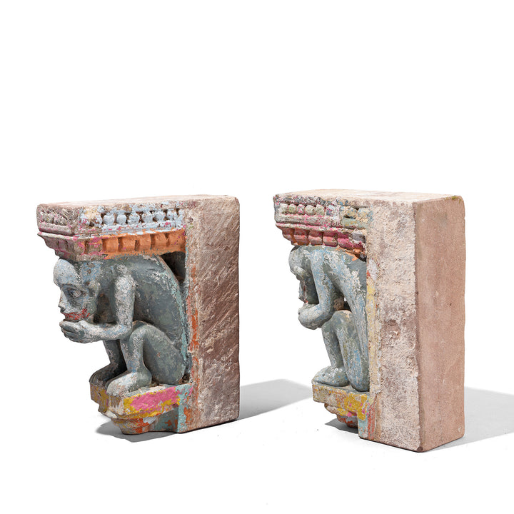 Antique Pair Of Painted Indian Stone Monkey Brackets | Indigo Antiques