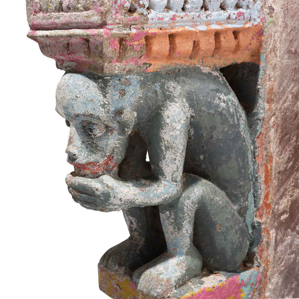Monkey Detail From Antique Pair Of Painted Indian Stone Monkey Brackets | Indigo Antiques