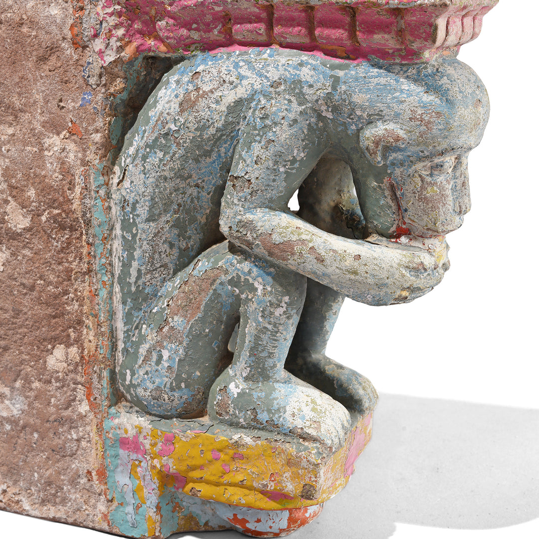 Monkey Detail From Antique Pair Of Painted Indian Stone Monkey Brackets | Indigo Antiques