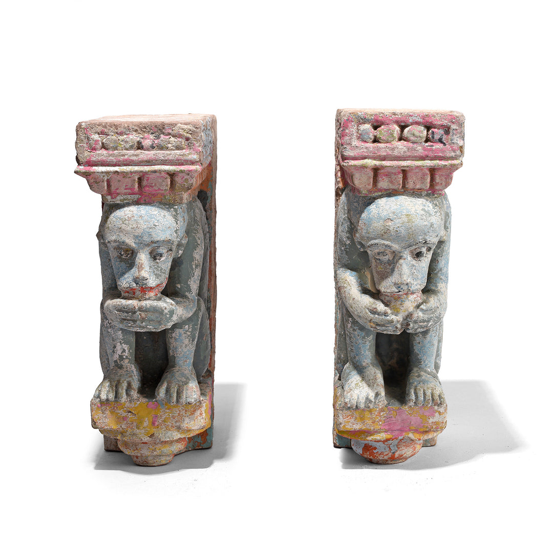 Antique Pair Of Painted Indian Stone Monkey Brackets | Indigo Antiques