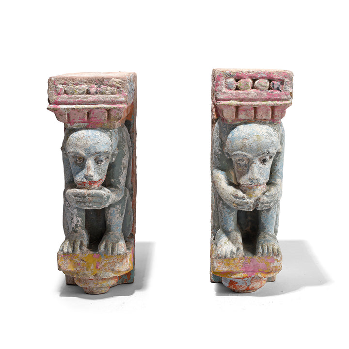 Antique Pair Of Painted Indian Stone Monkey Brackets | Indigo Antiques