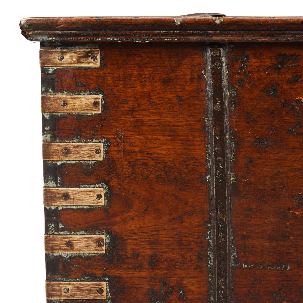 Corner Detail From Antique Indian Brass Bound Teak Chest With Secret Compartment | Indigo Antiques