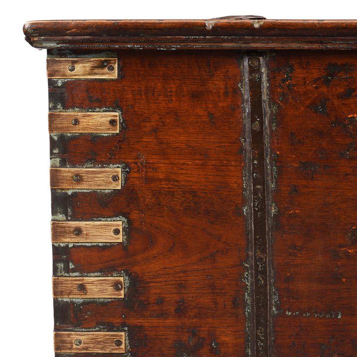 Corner Detail From Antique Indian Brass Bound Teak Chest With Secret Compartment | Indigo Antiques