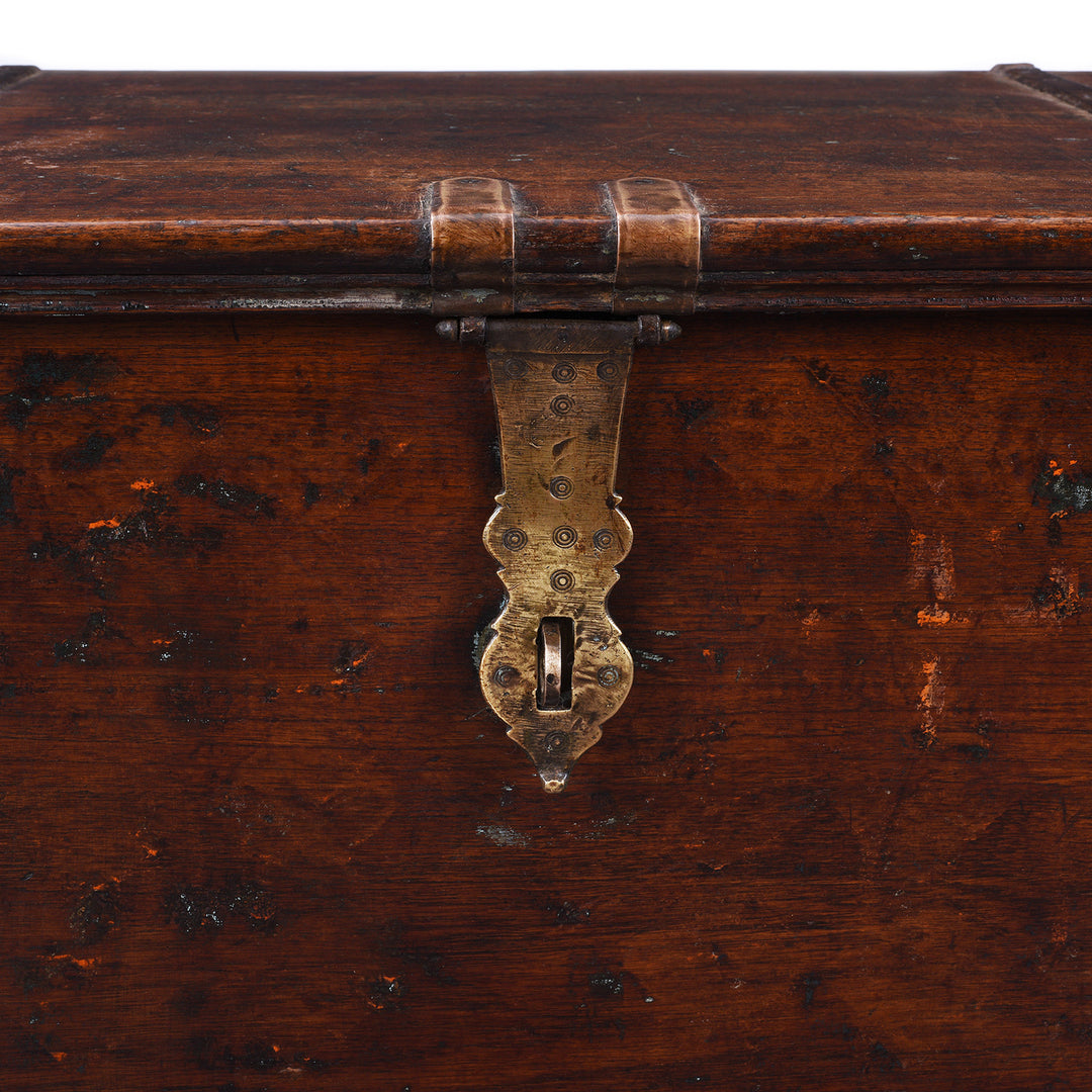 Latch Detail From Antique Indian Brass Bound Teak Chest With Secret Compartment | Indigo Antiques
