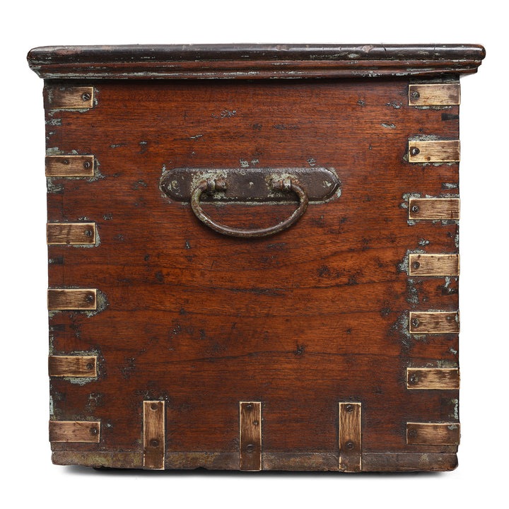 Side Of Antique Indian Brass Bound Teak Chest With Secret Compartment | Indigo Antiques