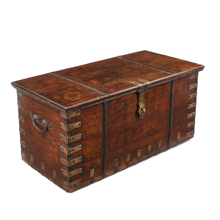 Angled VIew Of Antique Indian Brass Bound Teak Chest With Secret Compartment | Indigo Antiques