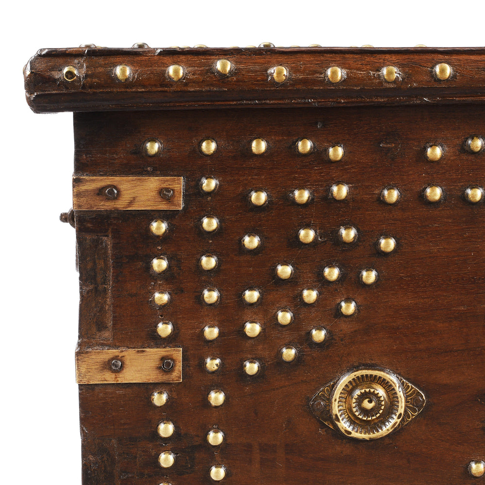 Corner Detail From Antique Indian Brass Studded Rosewood Zanzibar Chest | Indigo Antiques