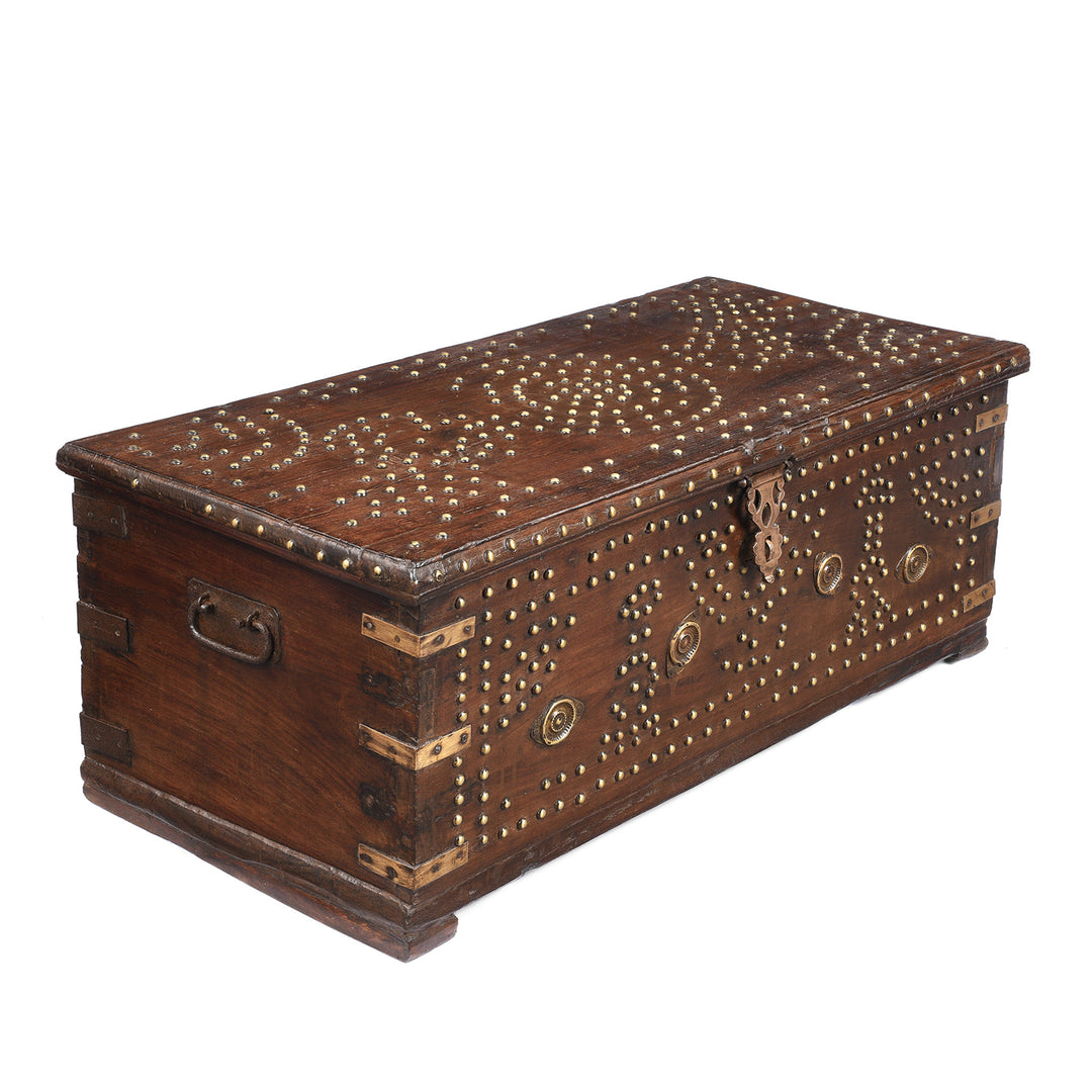 Angled View Of Antique Indian Brass Studded Rosewood Zanzibar Chest | Indigo Antiques