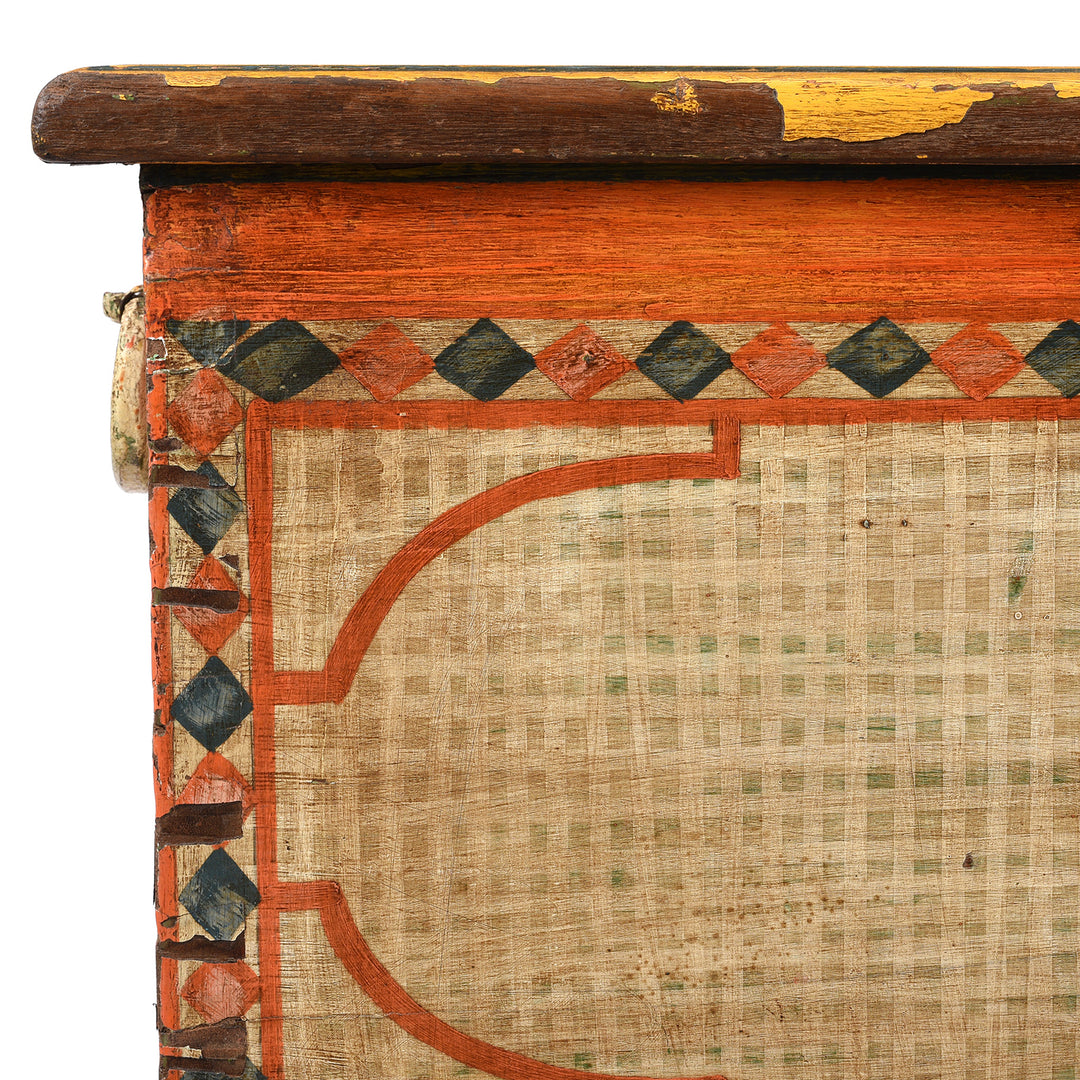 Corner Detail From Antique Yellow Painted Indian Chest | Indigo Antiques
