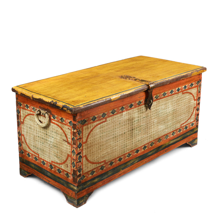 Angled VIew Of Antique Yellow Painted Indian Chest | Indigo Antiques