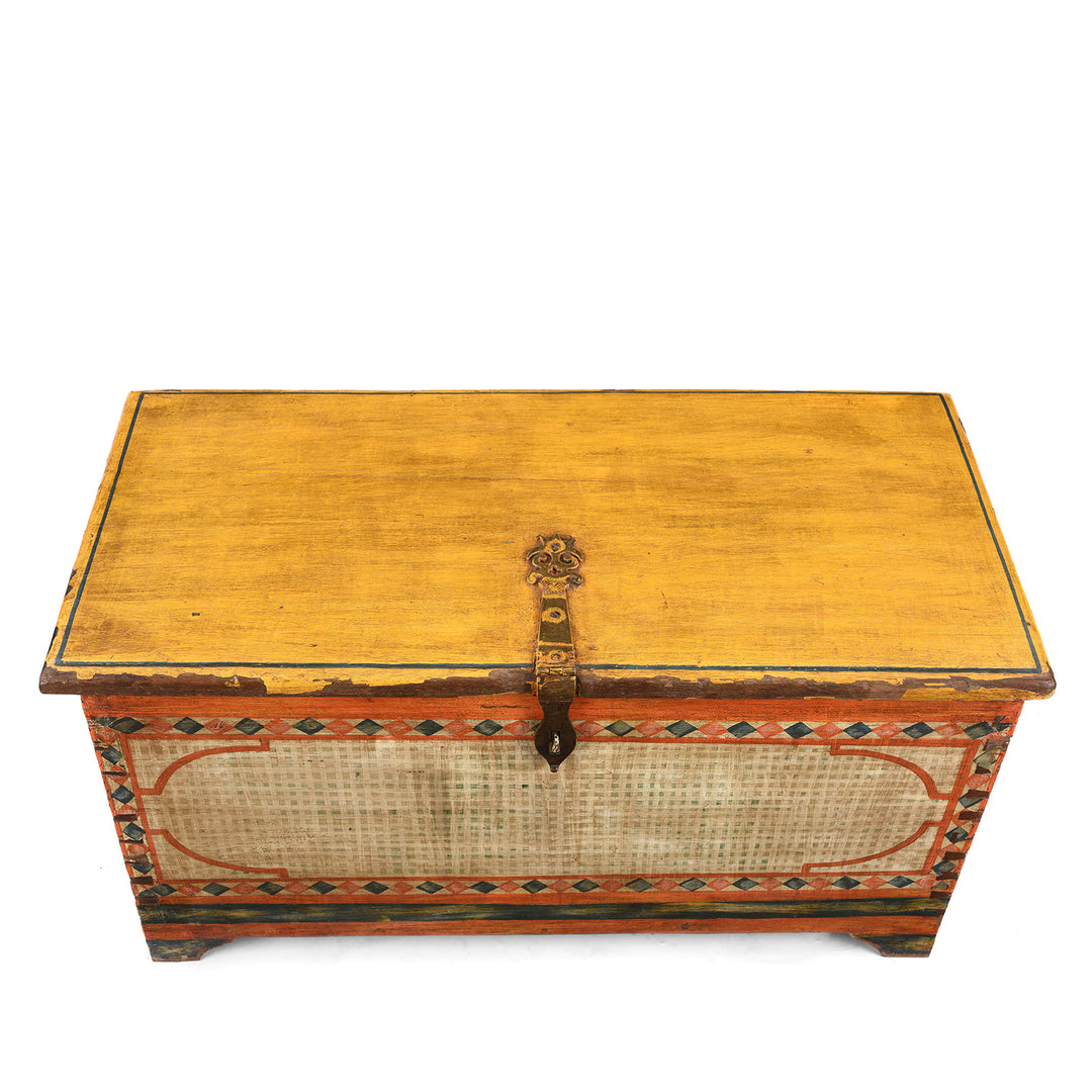 Top Down View Of Antique Yellow Painted Indian Chest | Indigo Antiques