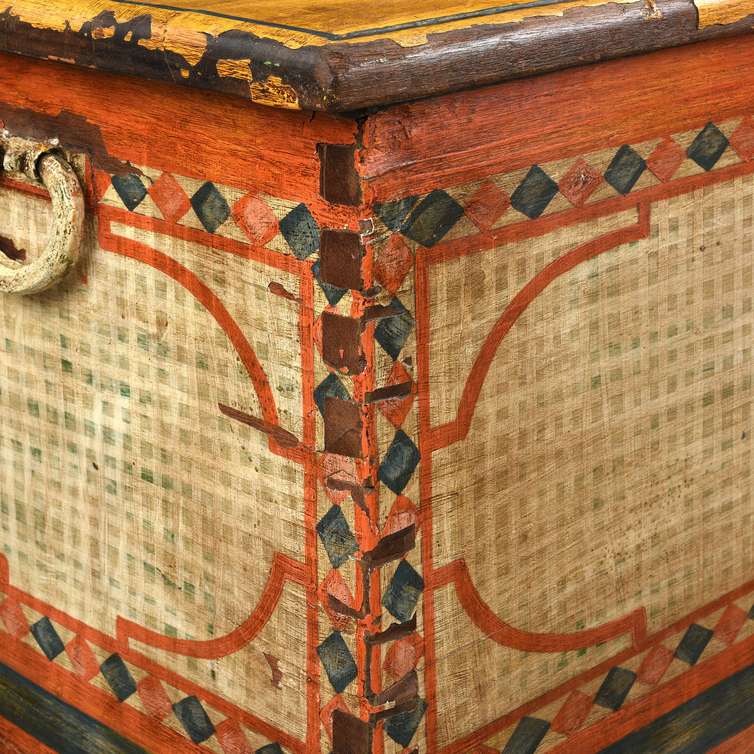 Corner Detail From Antique Yellow Painted Indian Chest | Indigo Antiques