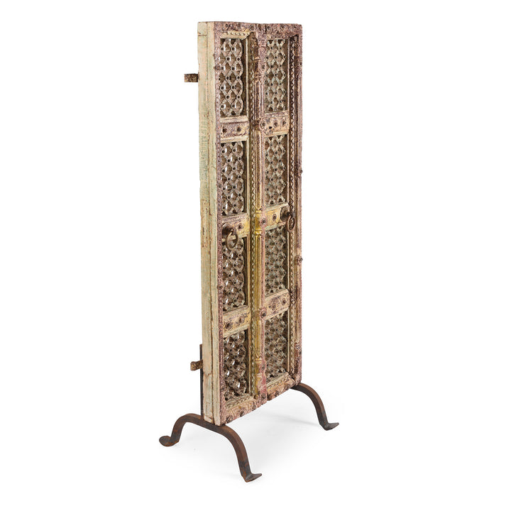 Angled View Of Antique Carved Teak Jali Shrine Doors From Kutch | Indigo Antiques