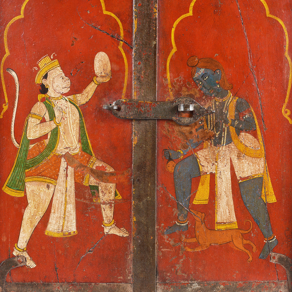 Painted Antique Painted Shutters - Hanuman & Bhairava From Bikaner | Indigo Antiques