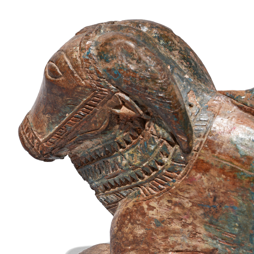 Face Detail From Antique Painted Indian Wooden Nandi Bull Toy  | INDIGO ANTIQUES
