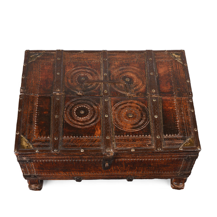 Top Down View Of Antique Indian Chip Carved Merchants Box | Indigo Antiques