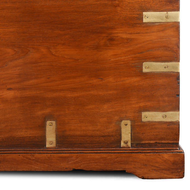 Bottom Corner Detail From Antique Brass Bound Teak Military Chest | Indigo Antiques