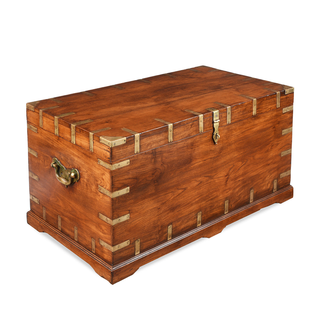 Angled View OfAntique Brass Bound Teak Military Chest | Indigo Antiques