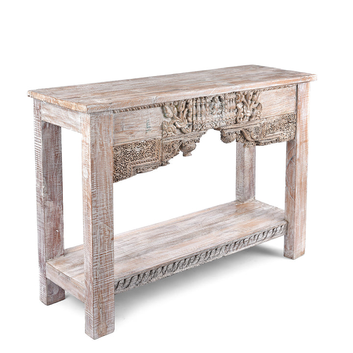 Angled View Of Painted Console Table Made From Reclaimed Teak | Indigo Antiques