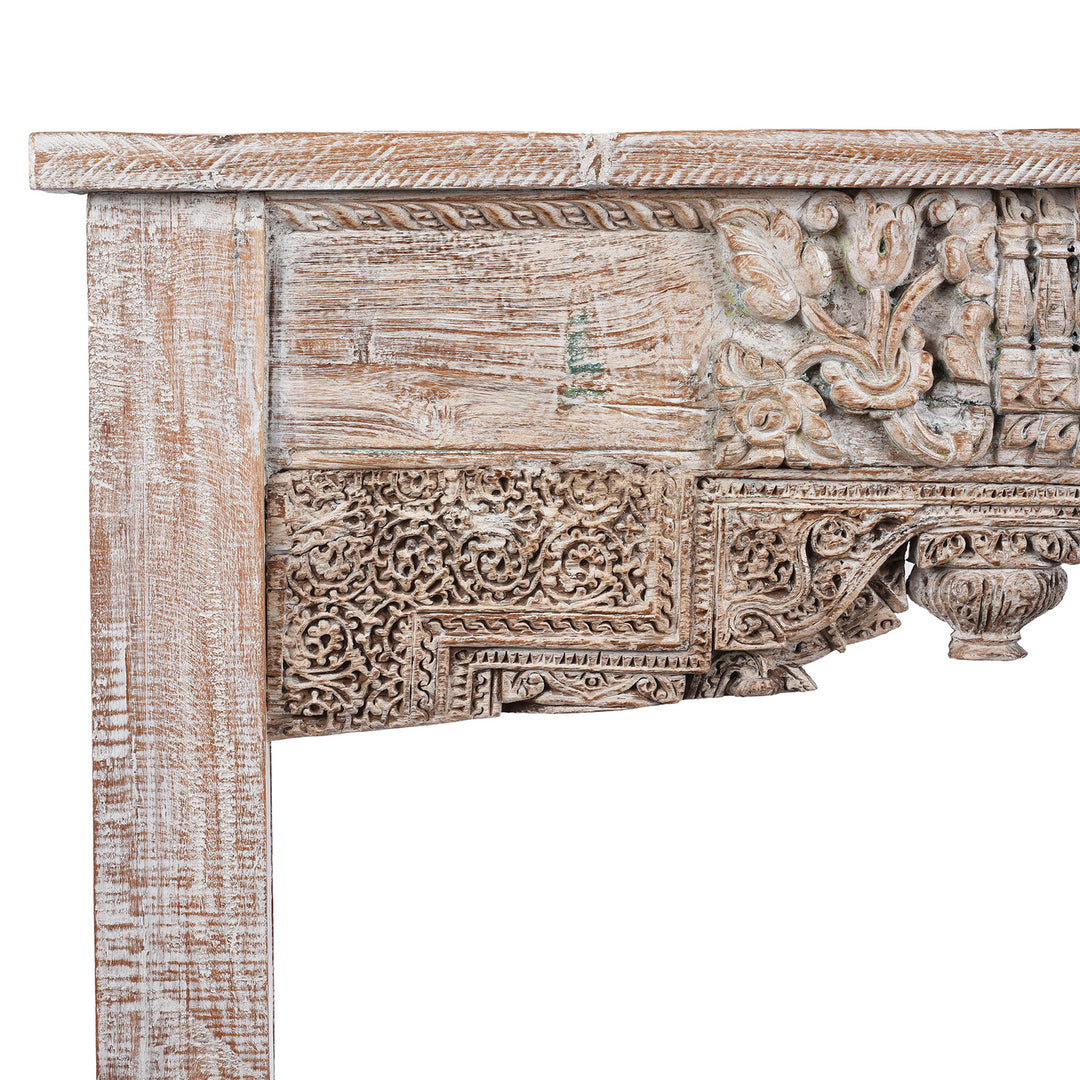 Corner Detail Displaying Carvings From Painted Console Table Made From Reclaimed Teak | Indigo Antiques