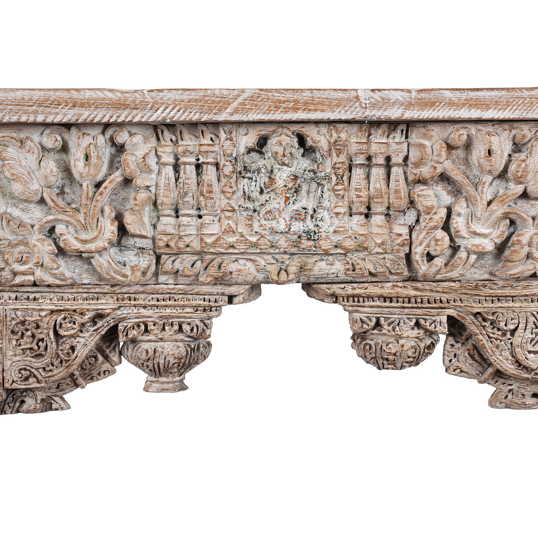 Central Carving Detail From Painted Console Table Made From Reclaimed Teak | Indigo Antiques