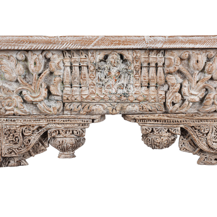 Central Carving Detail From Painted Console Table Made From Reclaimed Teak | Indigo Antiques