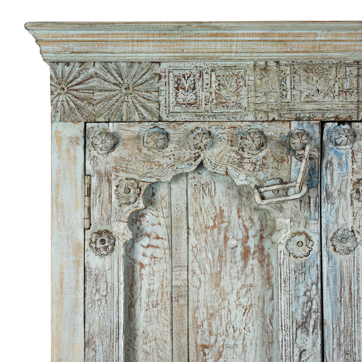 Corner Detail displaying Carving From Blue Painted Reclaimed Teak Cabinet Made From Old Doors | Indigo Antiques