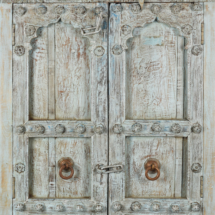 Doors Detail From Blue Painted Reclaimed Teak Cabinet Made From Old Doors | Indigo Antiques