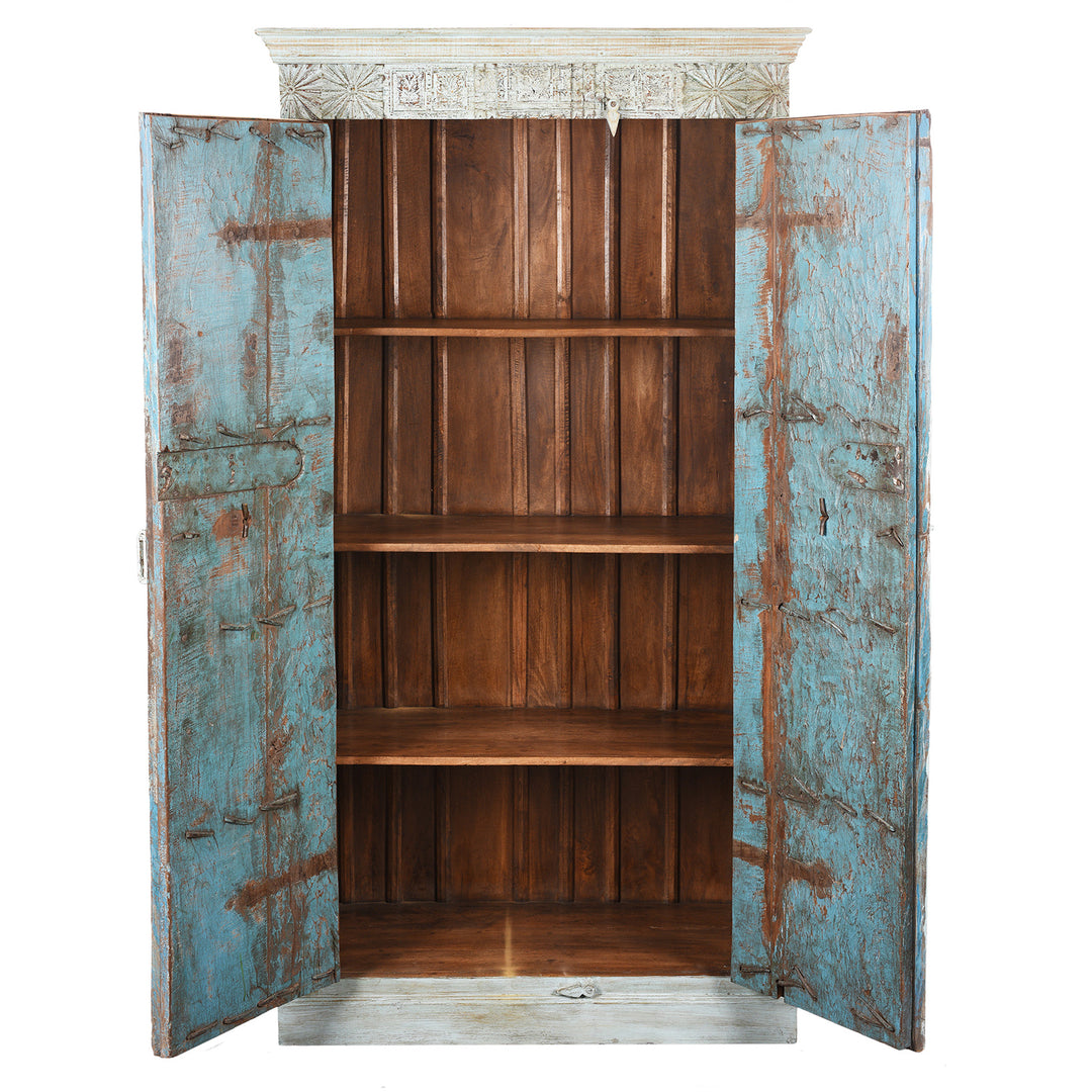 Interior View Of Blue Painted Reclaimed Teak Cabinet Made From Old Doors | Indigo Antiques