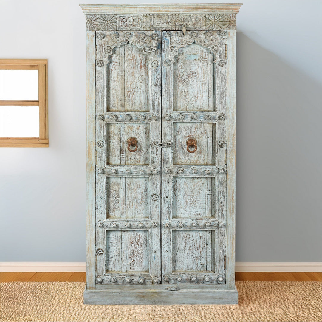 Blue Painted Indian Reclaimed Teak Cabinet Made From Old Doors | Indigo Antiques