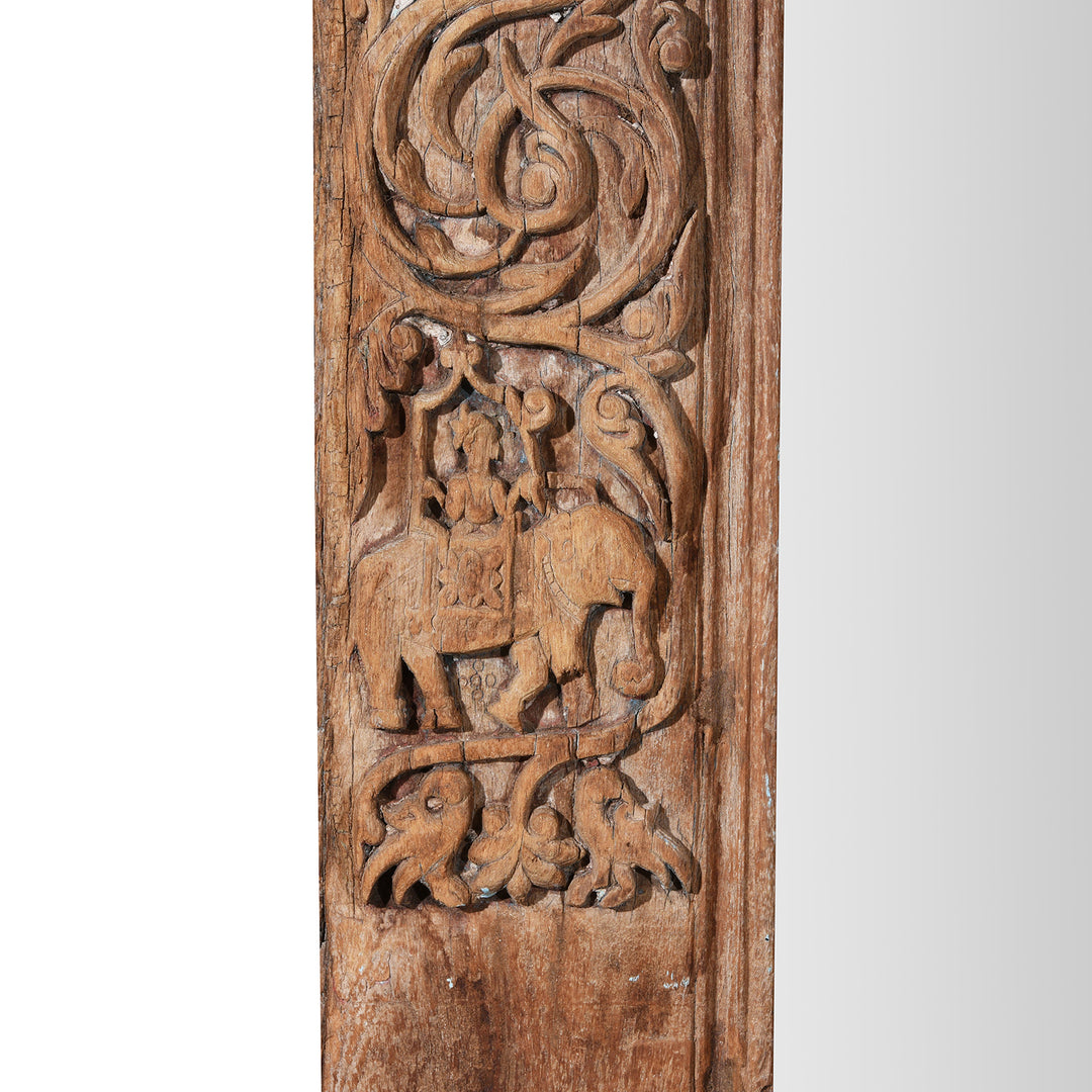 Elephant Detail From Carvings On Antique Painted Mirror Made From An Old Teak Kutchi Door | Indigo Antiques