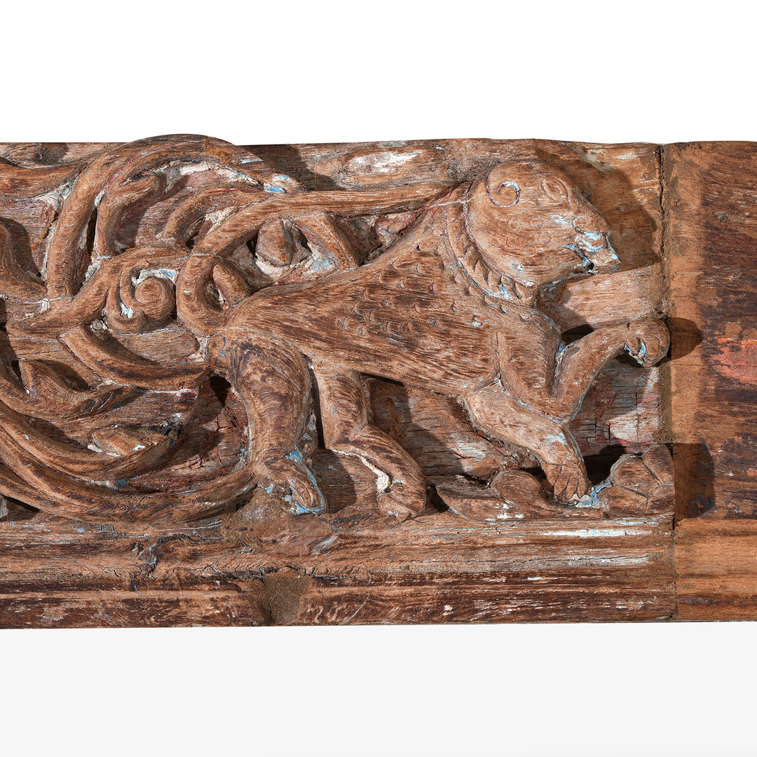Lion Detail From Carvings On Antique Painted Mirror Made From An Old Teak Kutchi Door | Indigo Antiques