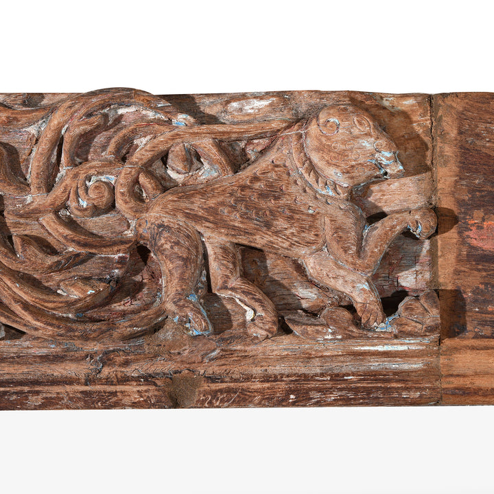 Lion Detail From Carvings On Antique Painted Mirror Made From An Old Teak Kutchi Door | Indigo Antiques