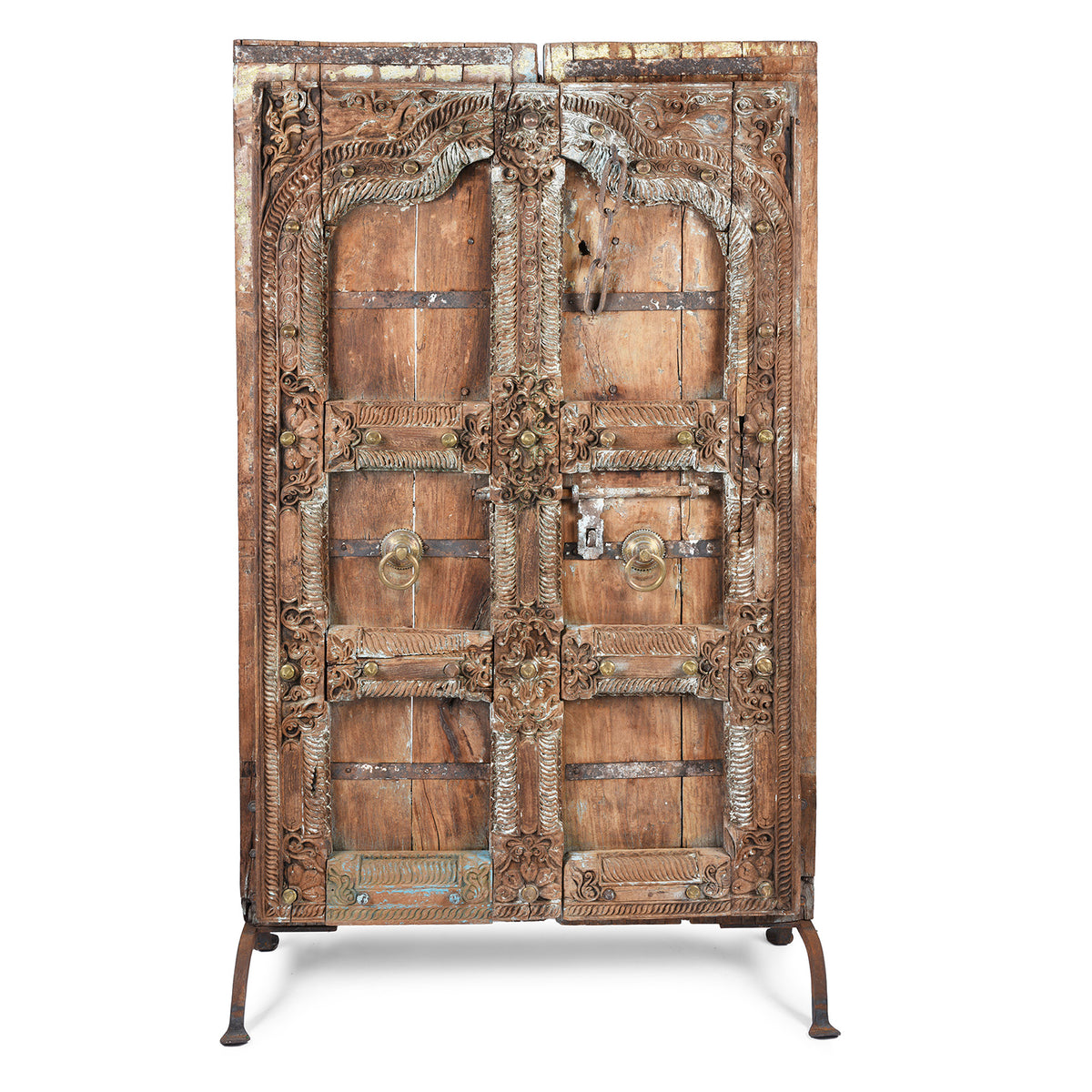 On Stand View Of Antique Carved Teak Doors From Kutch | Indigo Antiques