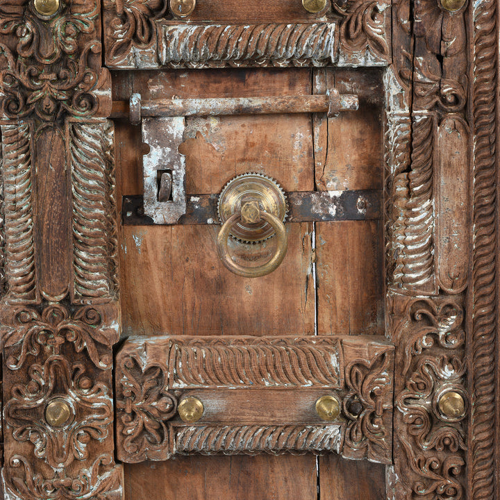 Latch And Handle Detail From Antique Carved Teak Doors From Kutch | Indigo Antiques