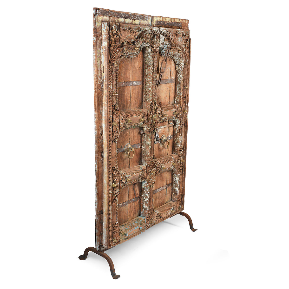 Angled View Of Antique Carved Teak Doors From Kutch | Indigo Antiques