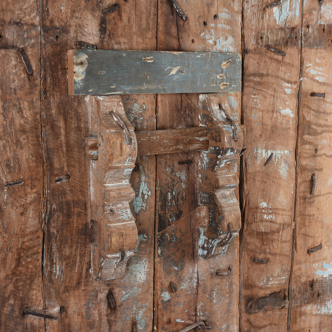 Detail Of Locking Bar At Back Of Antique Carved Teak Doors From Kutch | Indigo Antiques