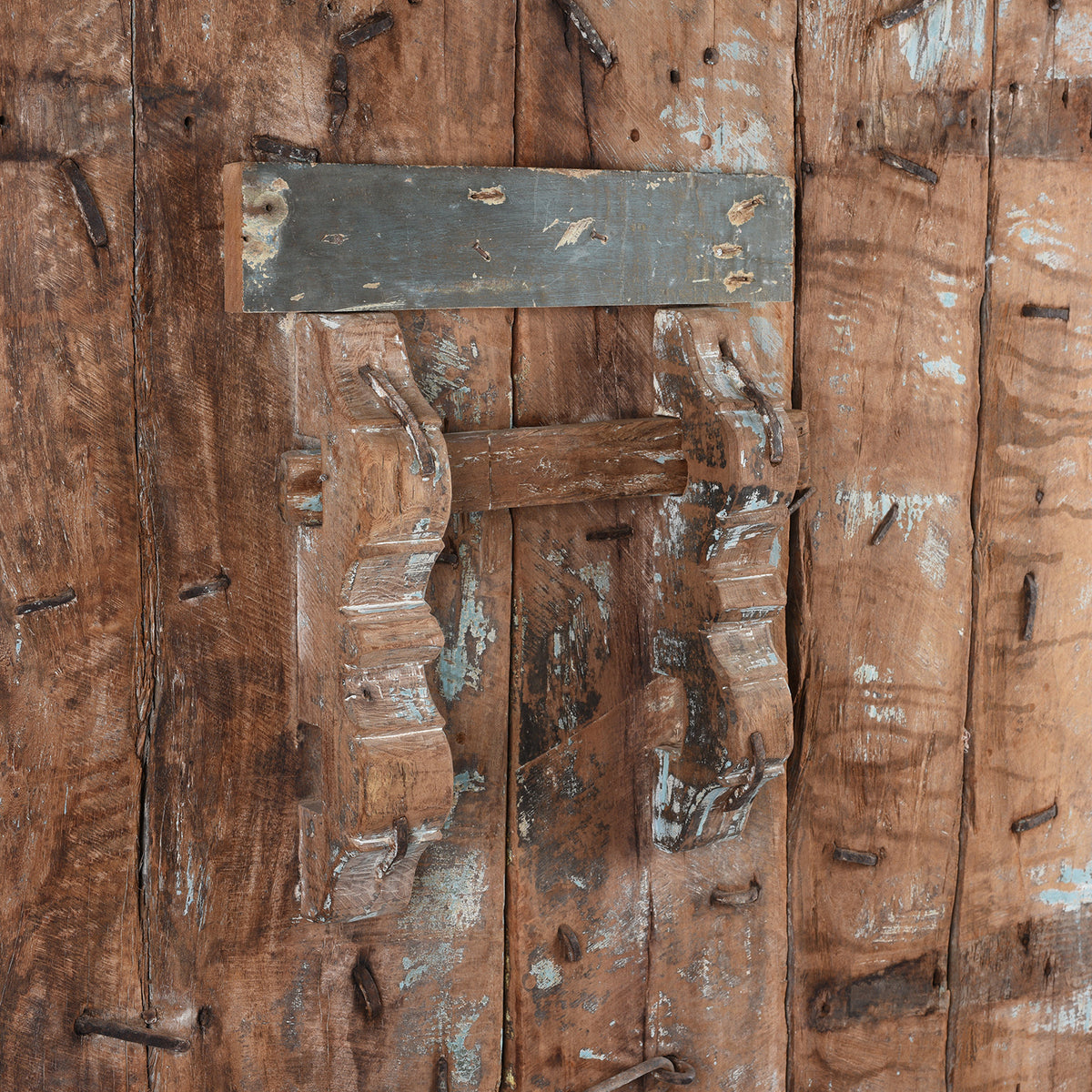 Detail Of Locking Bar At Back Of Antique Carved Teak Doors From Kutch | Indigo Antiques